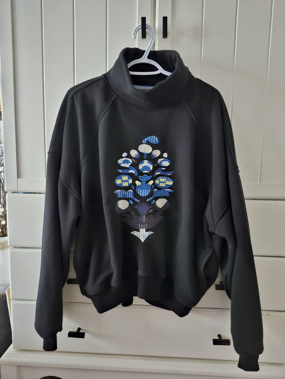Free People Black Women's Pullover Sweater with Blue Graphic & Front Pockets S